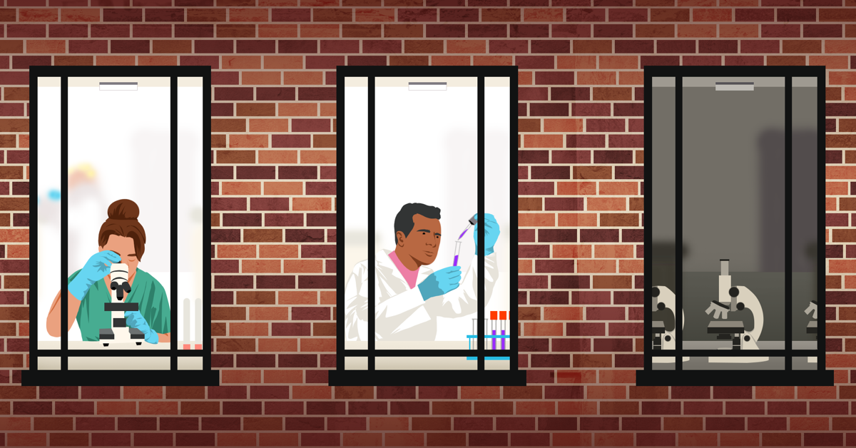 A row of windows shows different scenarios of people working in labs