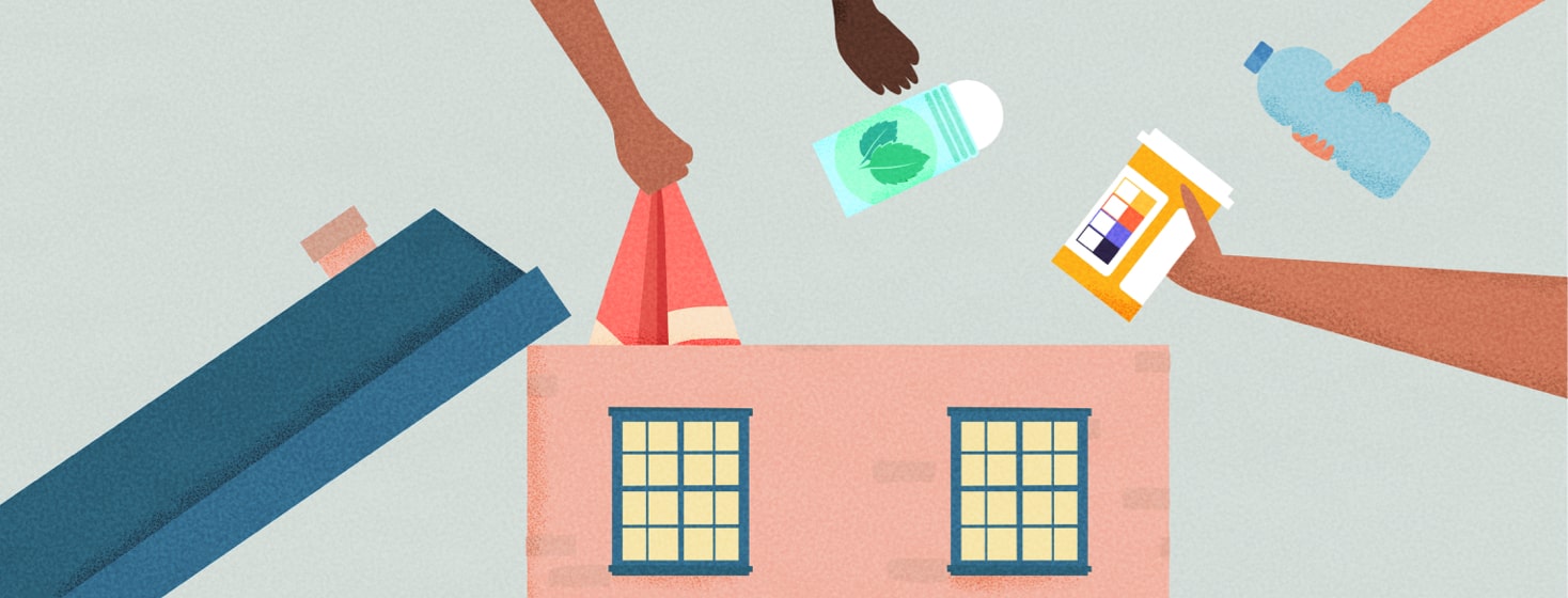 items for pain relief being dropped into a house