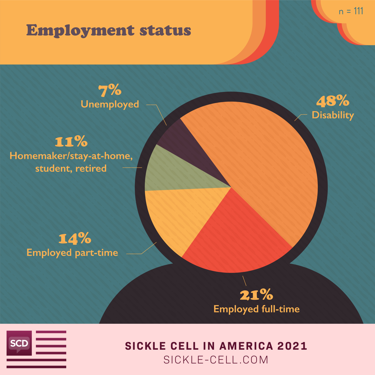 Employment status: disability (48%), employed full time (21%), employed part time (14%), homemaker/stay-at-home, student, or retired (11%), unemployed (7%).