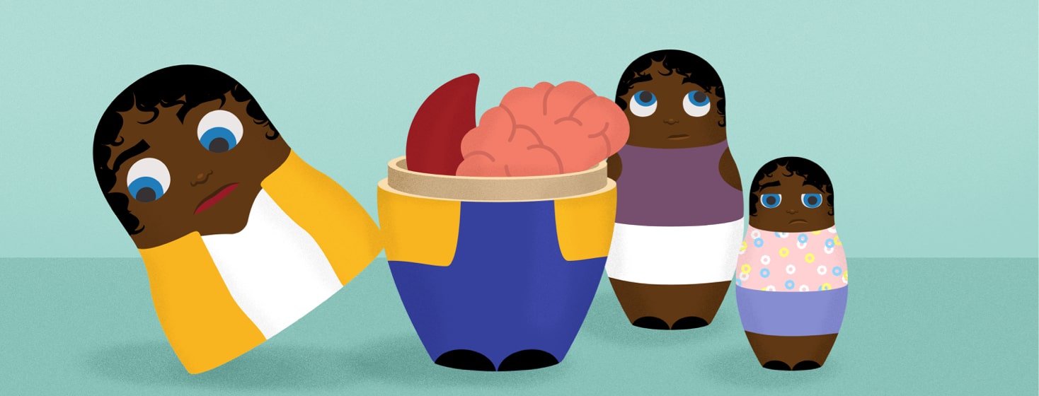 nesting dolls with a sickle cell and a brain inside the doll