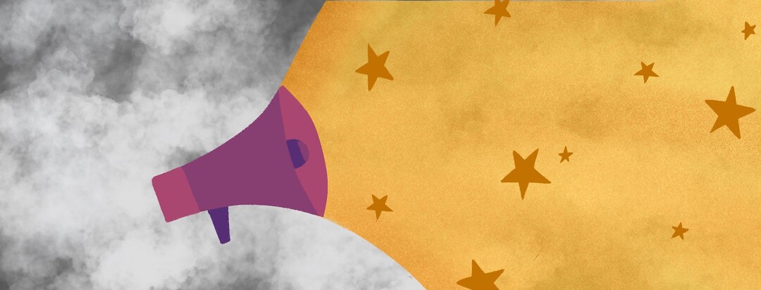 a megaphone shooting out light and stars in a cloudy area