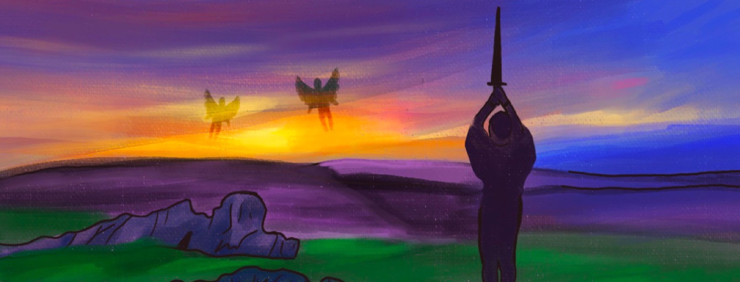 Warrior raises his sword at a sunset at his angel friends