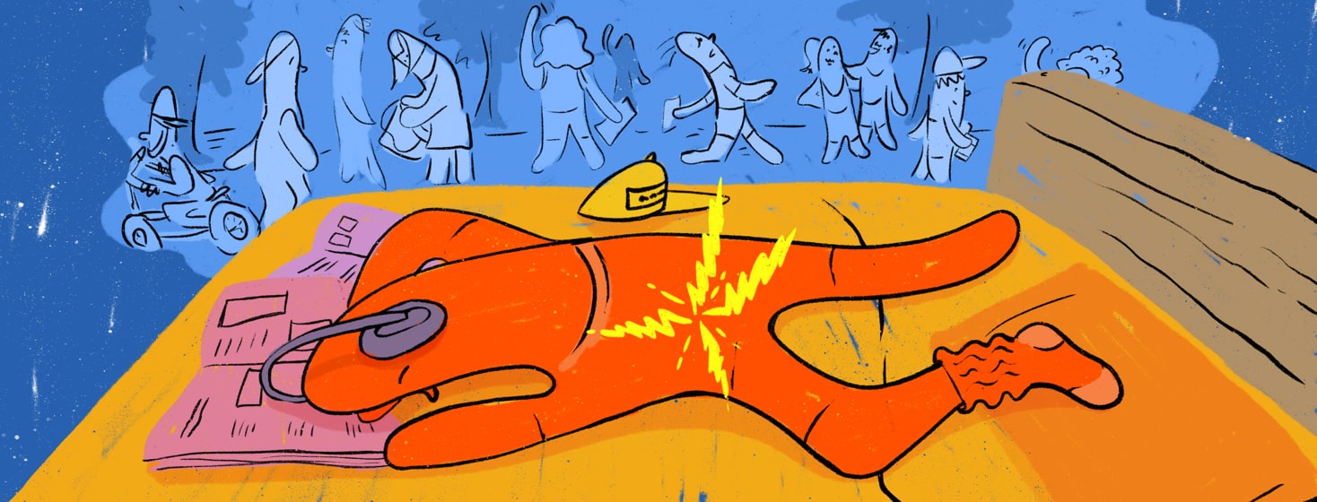 Person sleeping on top of books on a bed with lightning bolts coming out of their lower back