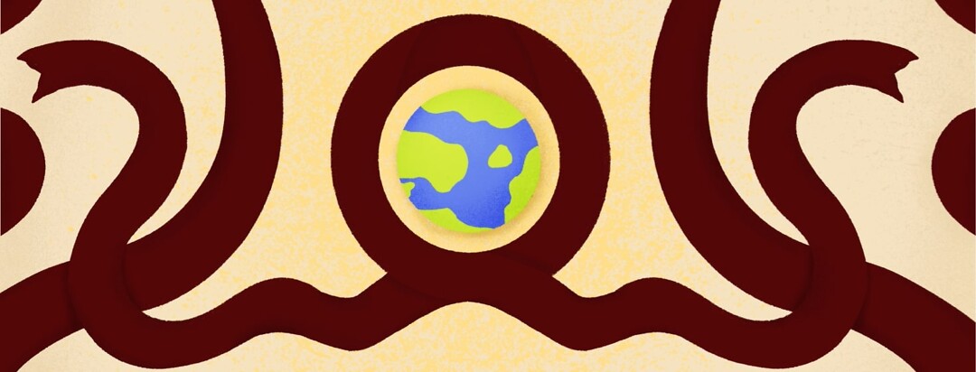 An awareness ribbon circling a globe