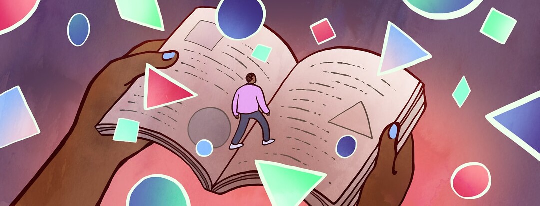 A man walking on a book surrounded by floating shapes