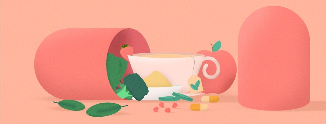 a pill open with tea, fruit, veggies and vitamins pouring out