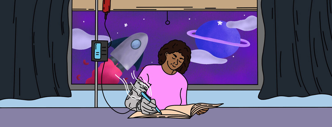 Poc woman sitting infront of a window with a space scene, receiving treatment, and journaling in a book while holding a blue pen as her arm is turning into a space suit