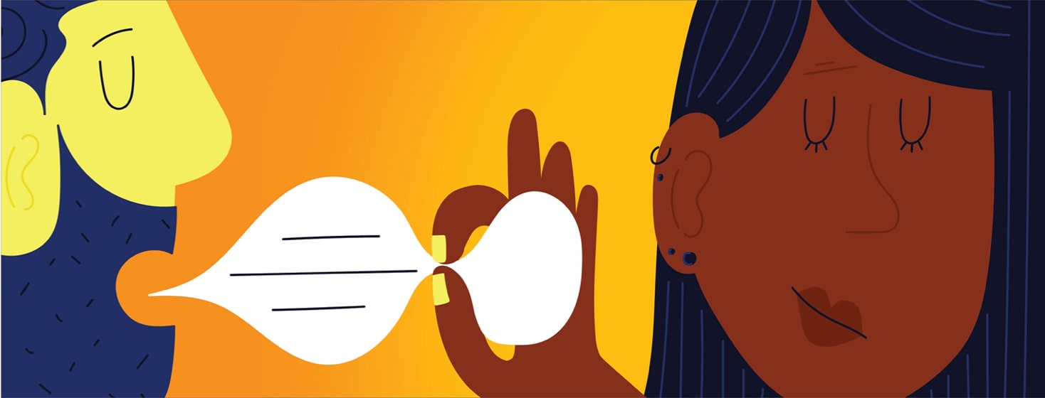 a woman pinching a speech bubble coming from another person