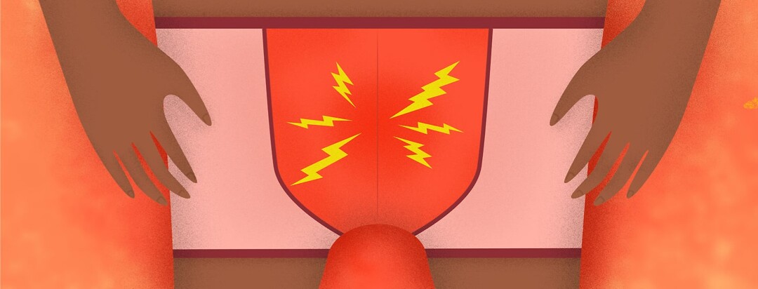 a man in underwear with lightning bolts pointing at the crotch