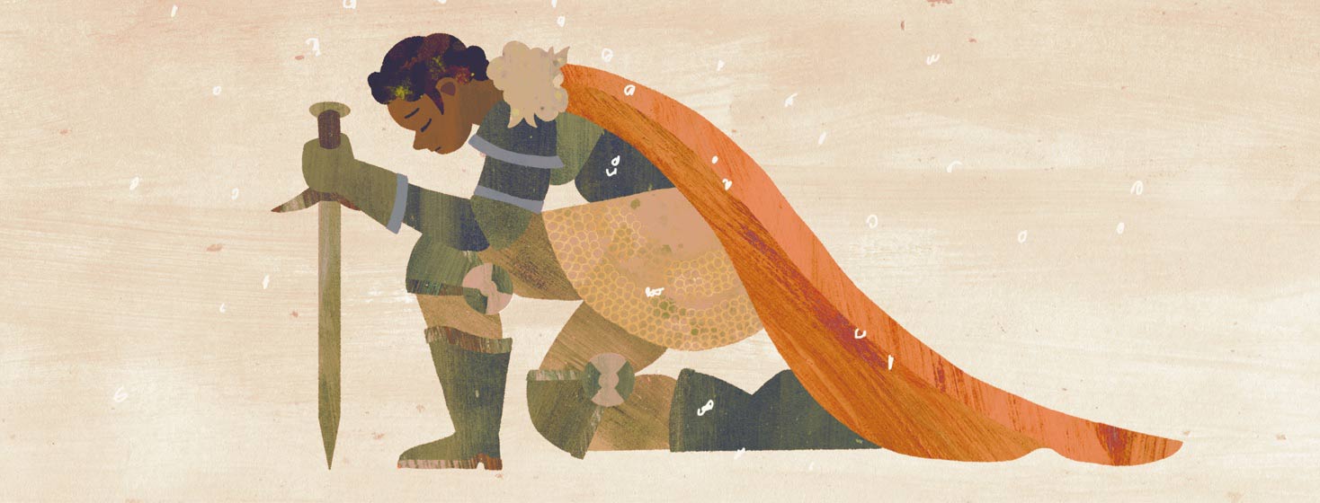 A warrior kneels with their armor, cape and sword.