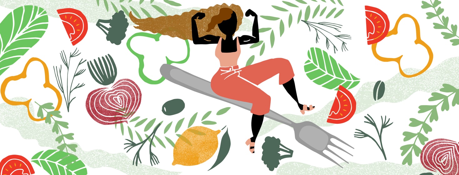 a woman on a fork, surrounded by vegetables