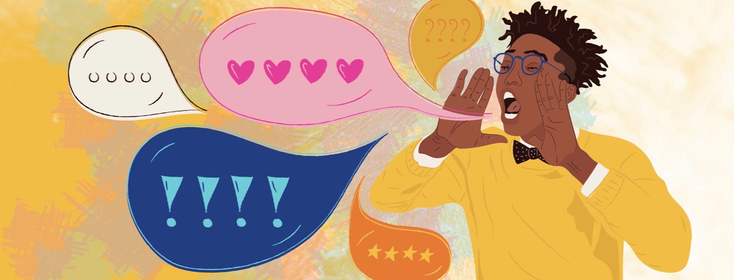 a man yelling with colorful speech bubbles shooting out of his mouth, hearts, stars, dots, question marks, exclamation points