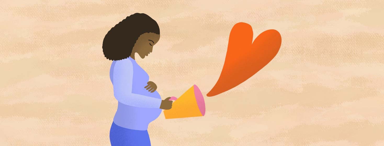 An adult Black woman is looking down at her pregnant belly and holding a microphone to symbolize advocacy. A big red heart emerges from the megaphone.