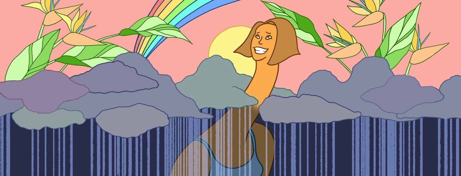 a woman pokes her long neck through the gloomy rainy clouds and she peeks above into the bright sunshine and rainbow with flowers.