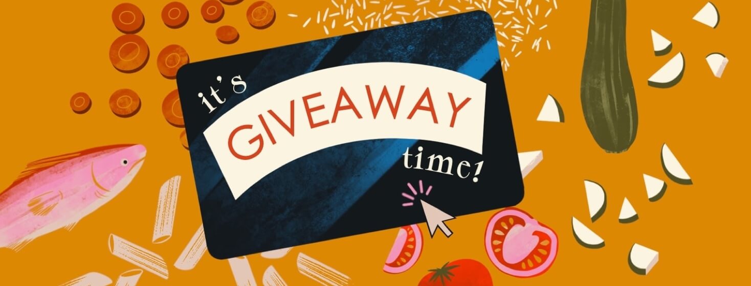 A gift card with a mouse cursor clicking on it floats above an array of healthy foods scattered below. The text on the card reads: it's giveaway time!