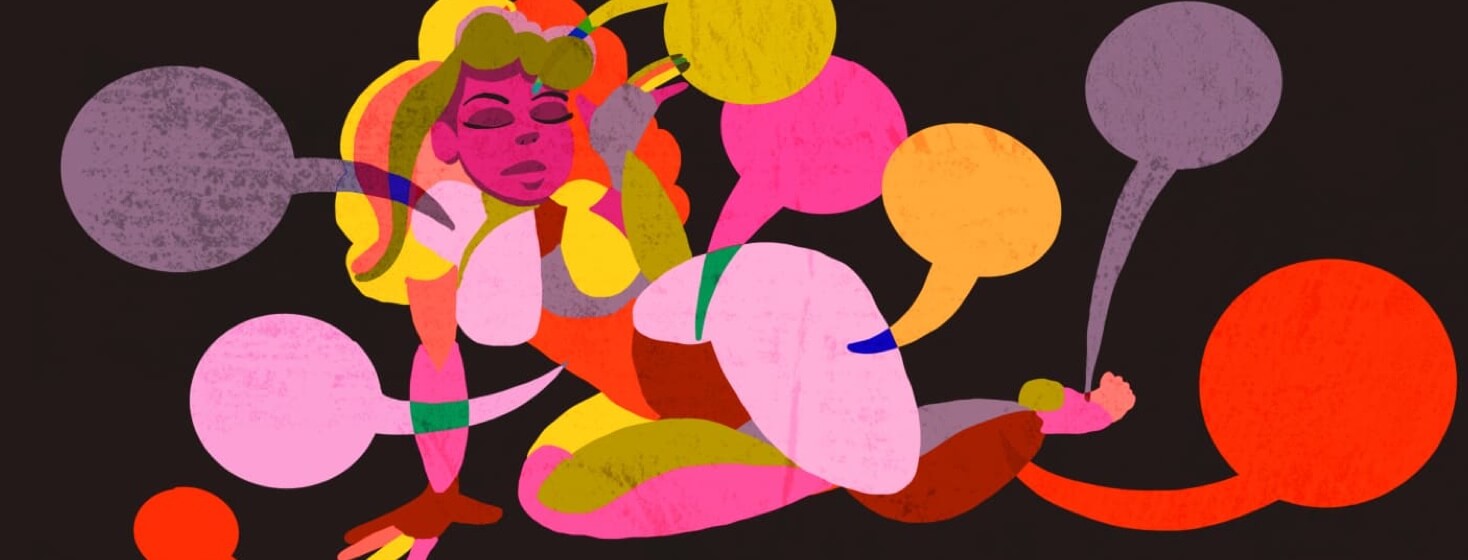 an adult woman drawn with a rainbow of colors listens closely to the speech bubbles coming from her body
