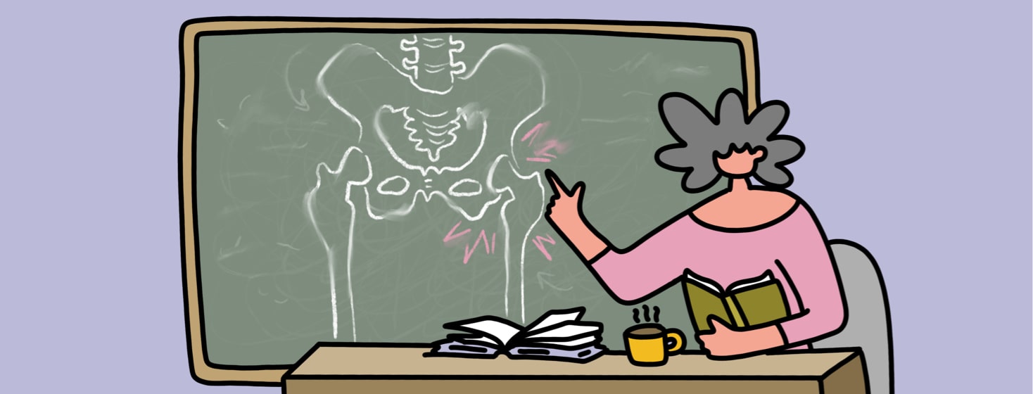 Woman pointing to chalk board with a diagram of a hip in pain.