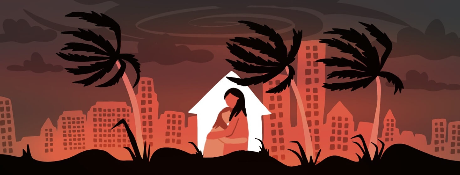A house is shown against a city backdrop with all dark windows and a hurricane circling overhead, blowing the palm trees forcefully while a mother and daughter hold each other lovingly inside.