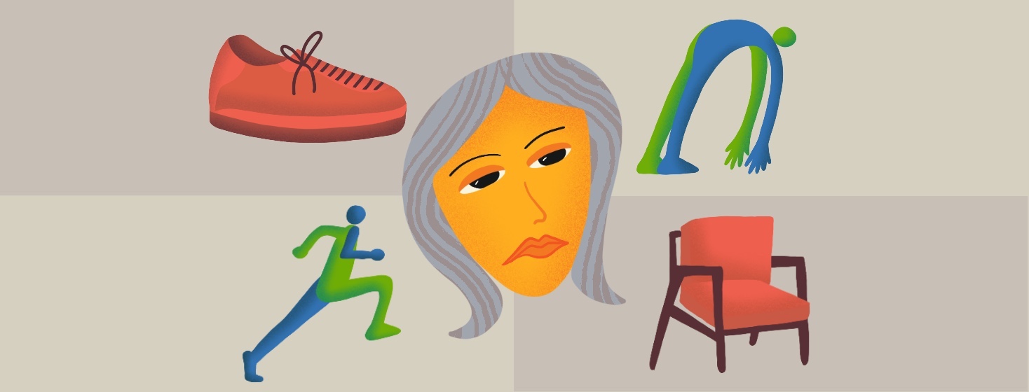 A woman with grey hair looks begrudgingly at four items: a sneaker, a person bending over, a person running and a low chair.