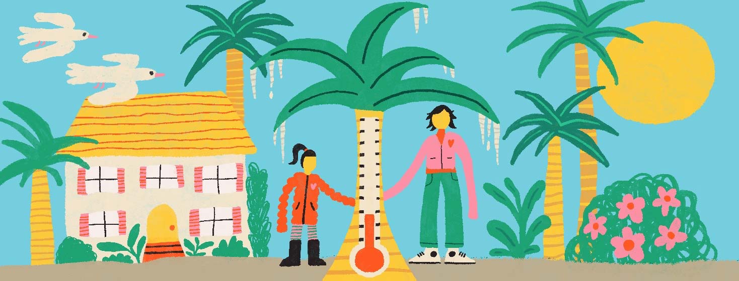 A palm tree has icicles on its palms and a mercury thermometer that is low in temperature on the trunk. A mother and daughter are bundled up in warm clothes, holding hands at this tree.