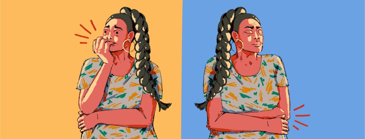 A woman is nervously biting her nails. The same woman in also shown with her eyes closed, holding her stomach. Behind both figures are two arrows showing a cyclical effect. anxiety, depression, mental health, cause and effect, vicious cycle, nervous, stomach pain, cramping adult female POC African American