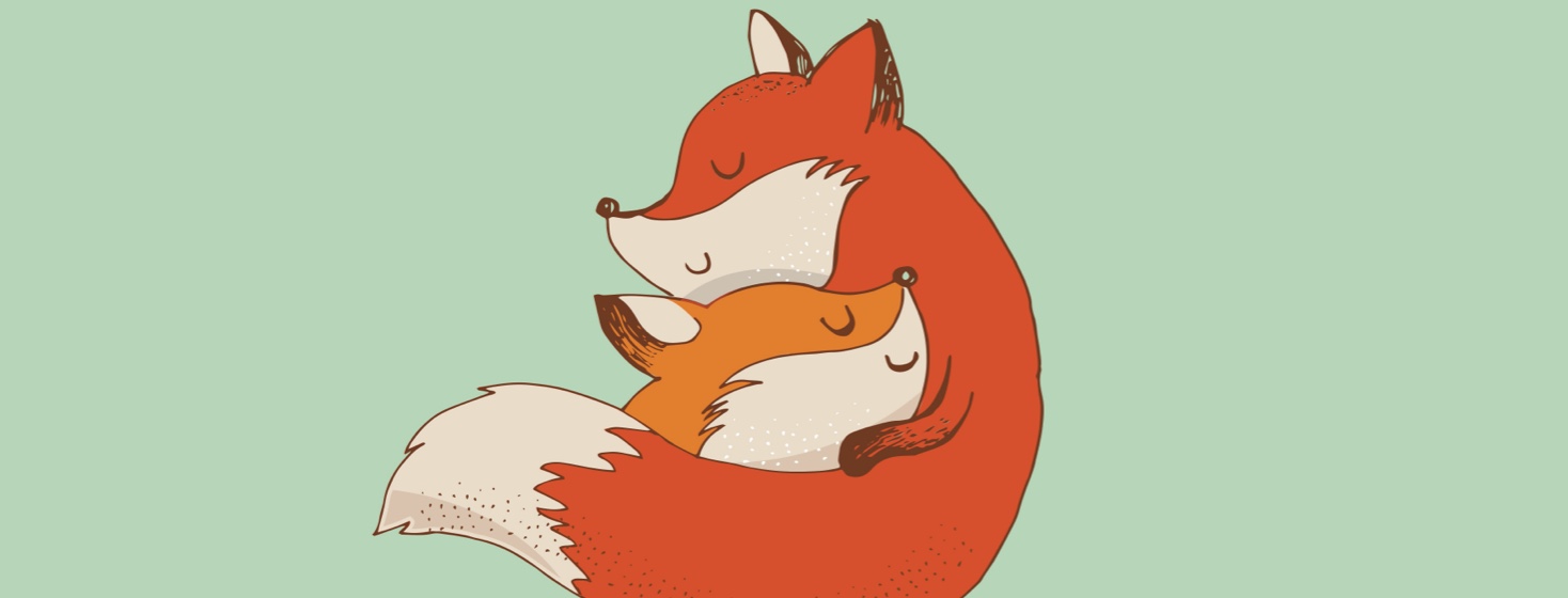 Mom fox hugging baby fox
