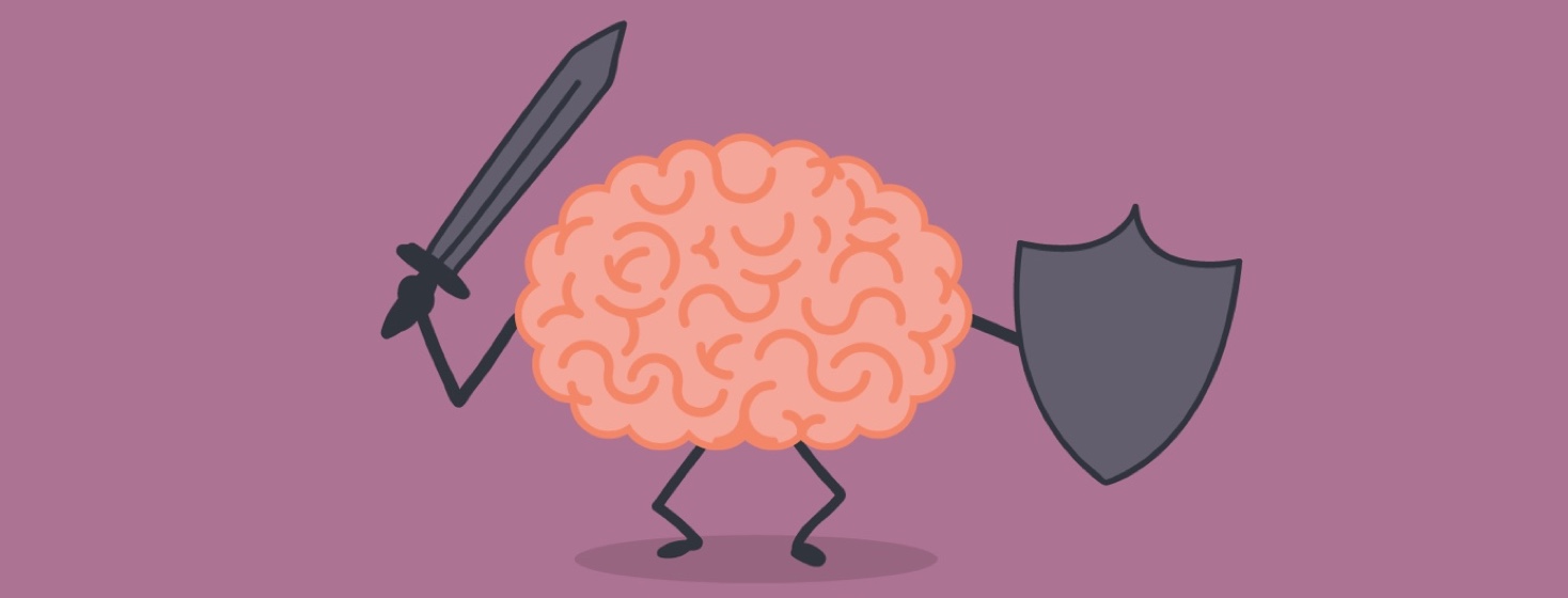 Brain holding a sword and shield